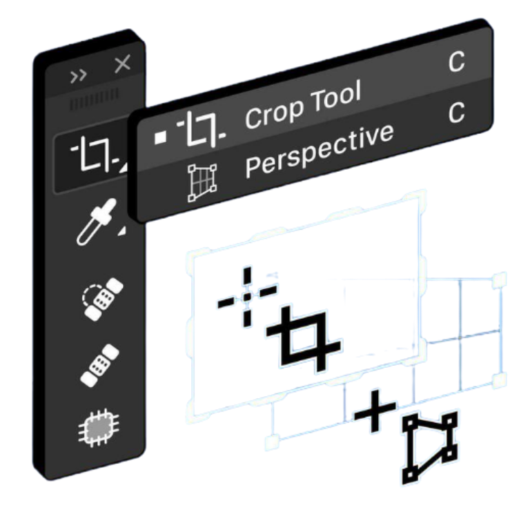 Graphic of images floating on top of a Photoshop Window