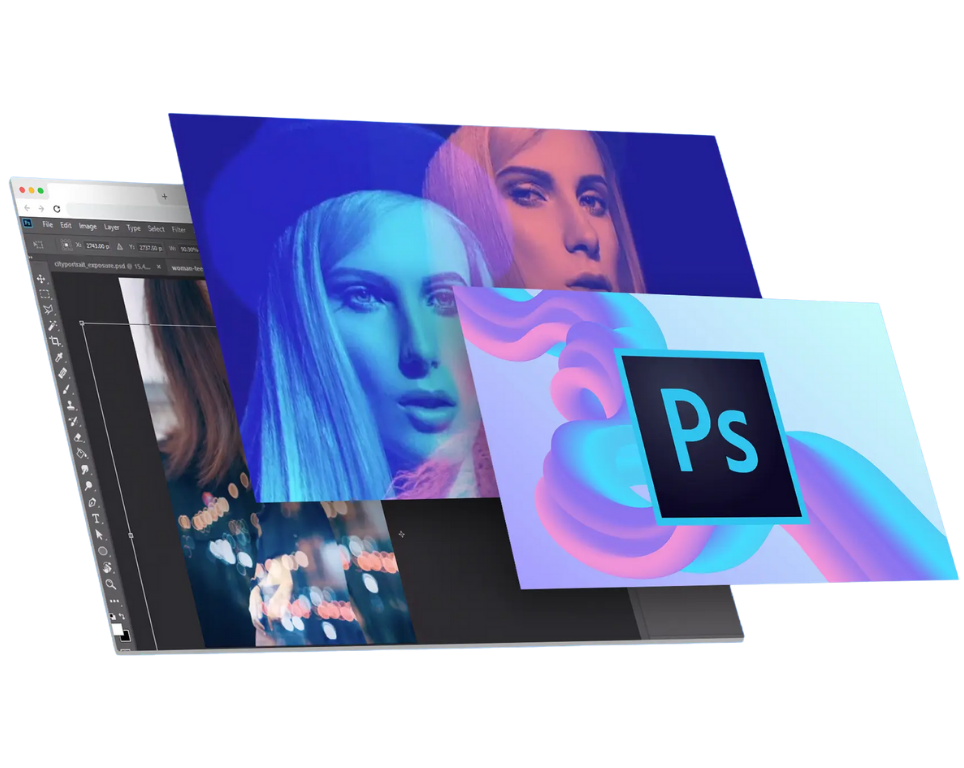Graphic of images floating on top of a Photoshop Window